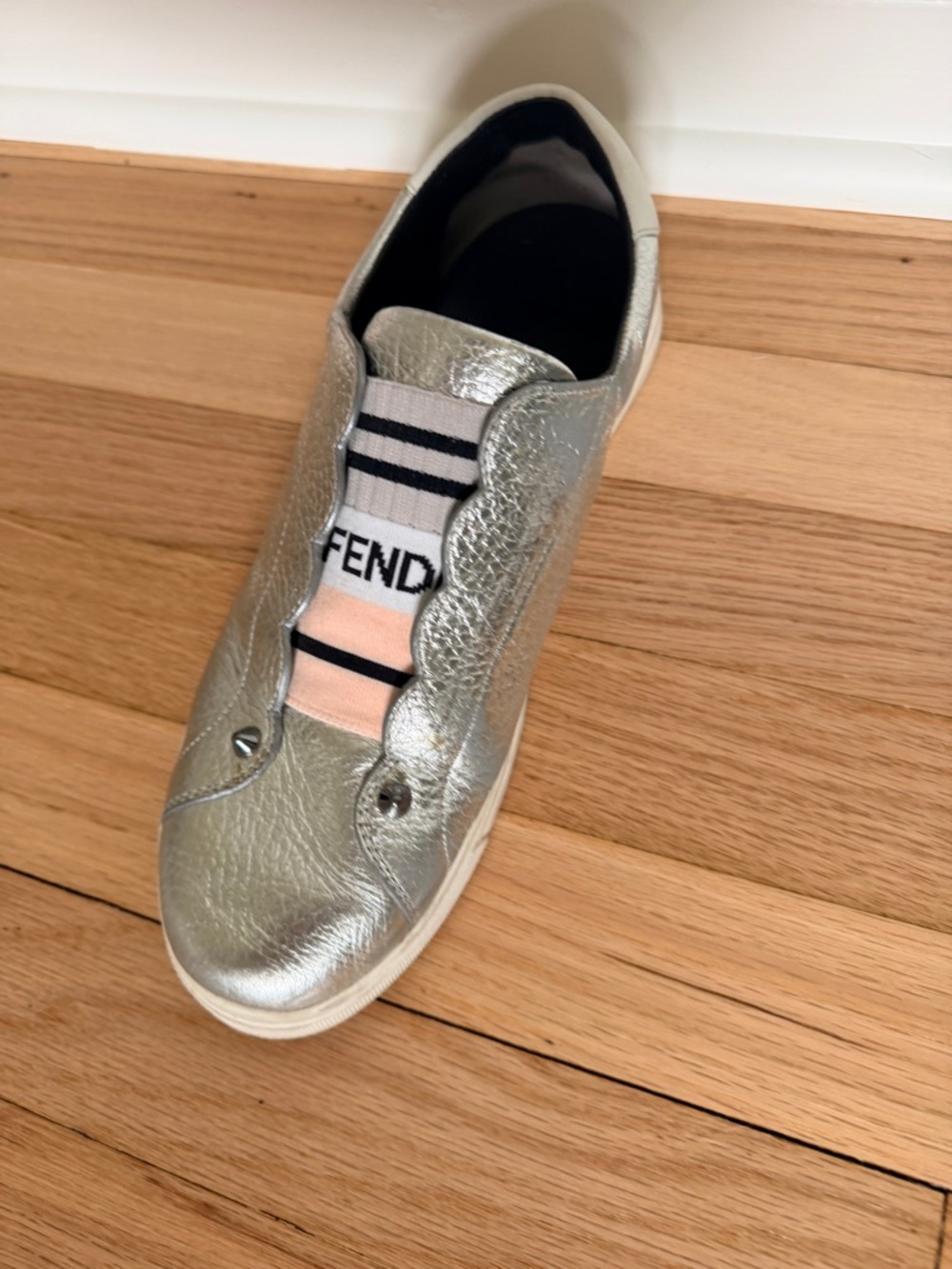 Fendi Metallic Silver Leather Slip-On Sneakers with Pink and Black Logo Sz 40 - Picture 5 of 8